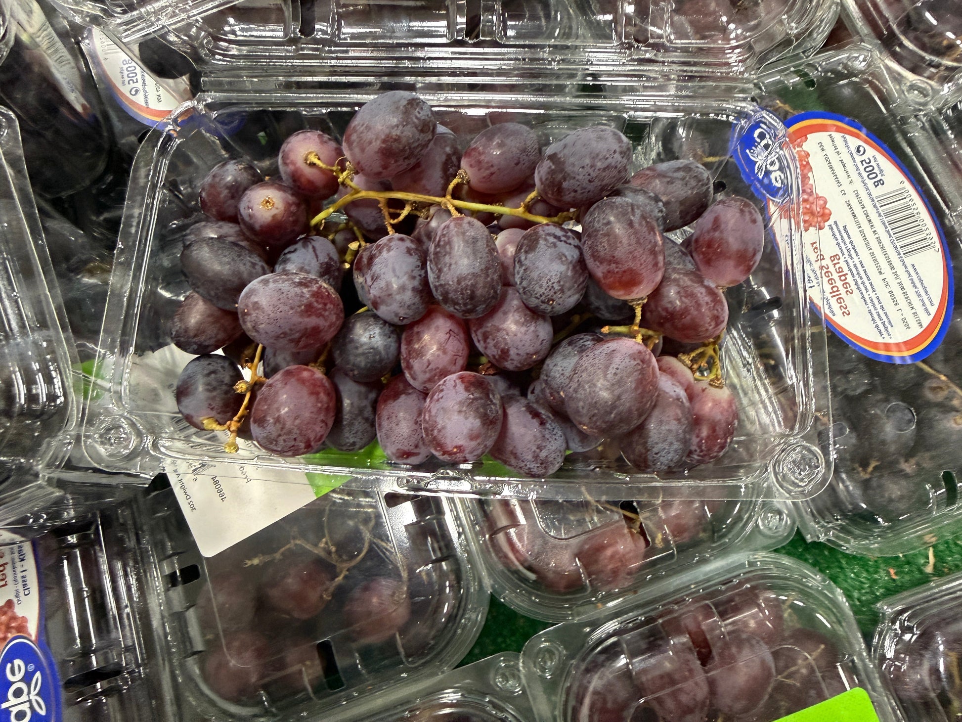 Plastic container of purple grapes with a visible brand label.